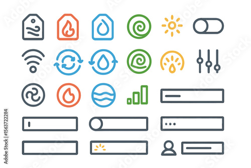 Glowing neon UI icons with elemental symbols, sliders, and toggles