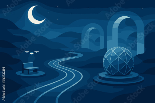 Futuristic night landscape with dome sphere, drone, and glowing pathways