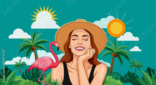 Illustration of a smiling woman among palm trees and a flamingo, serenely enjoying the tropical climate. Happy Woman with a Hat Enjoying the Tropical Sun. Relaxation and Tropical Nature Scene