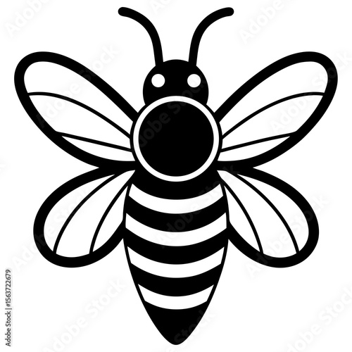 Stylized black and white illustration of a bee with striped abdomen and wings