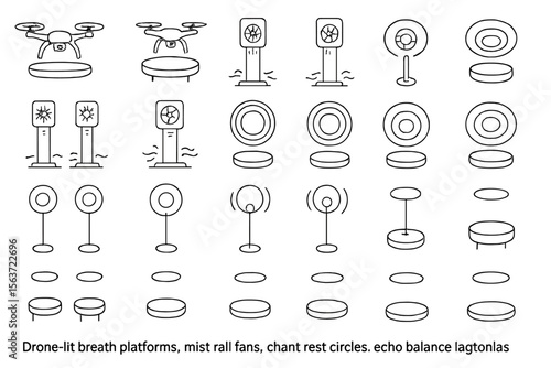 Set of icons depicting drones, fans, and circular platforms for serene, balanced environments.