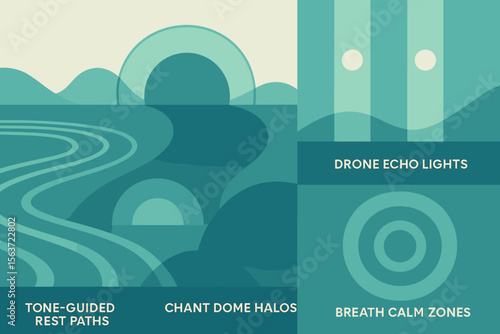 Abstract meditative landscape with labeled zones and tonal pathways