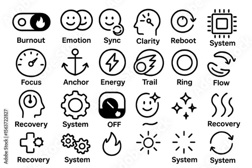 Black wellness UI icon set labeled with clarity, energy, and recovery