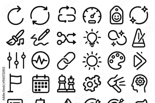 Monochrome icon set with creative, productivity, and media symbols