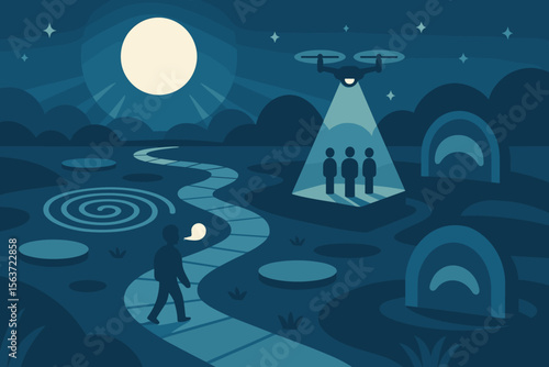 Surreal night landscape with drone spotlighting human figures