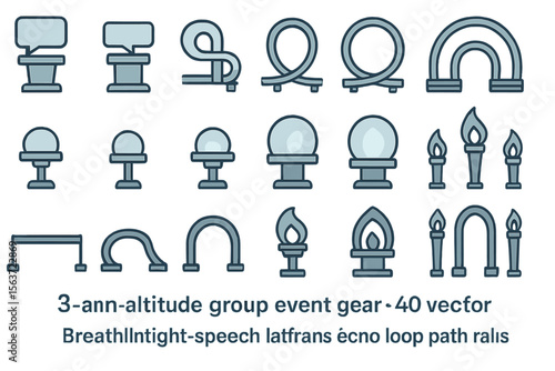 Futuristic blue UI icon set with torches, arches, and platforms