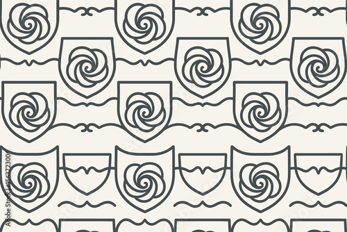 Seamless pattern of stylized roses within shields on a light background