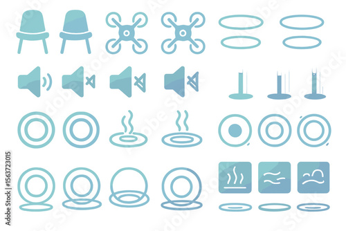 Soft blue translucent UI icons of chairs, drones, sound, and energy rings