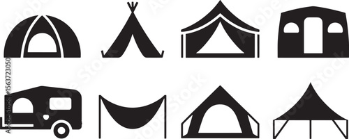 Diverse Camping Tent Silhouettes Set: Outdoor Adventure Shelter Icons for Travel, Nature & Wilderness Concepts