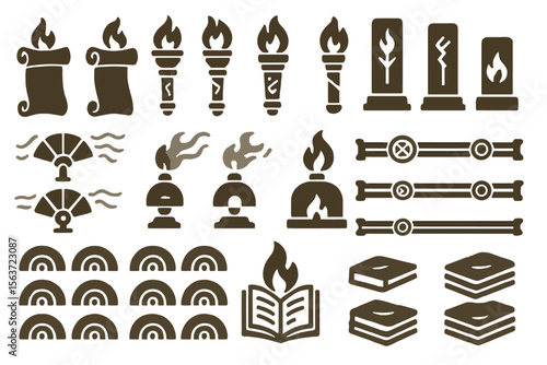 Set of stylized brown icons with scrolls, flames, arches, and sacred books