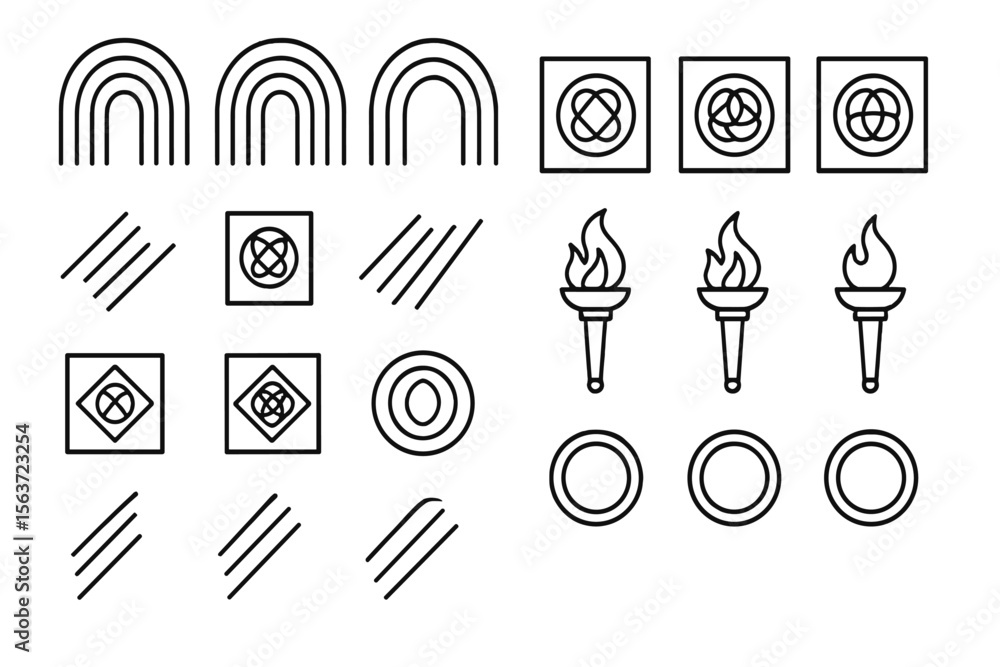 Obraz premium Dark fantasy icon set with arches, torches, tiles, and rings
