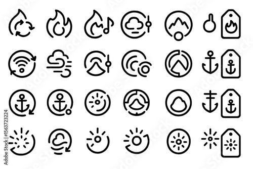 Dark fantasy UI icon set with fire, light, anchor, and cloud symbols