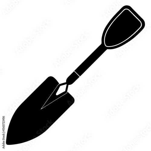 A simple black silhouette icon of a garden trowel on a white background