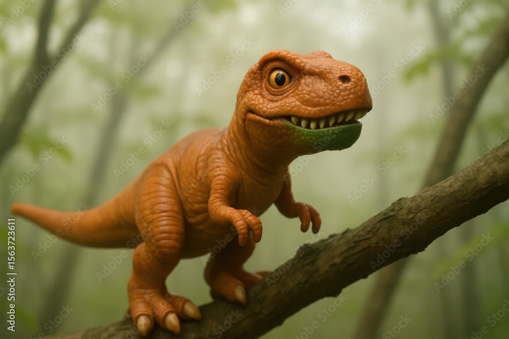Naklejka premium A toy dinosaur sitting on a tree branch in the woods