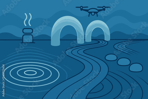 Futuristic tranquil zone with drone, mist arches, and ripple rings