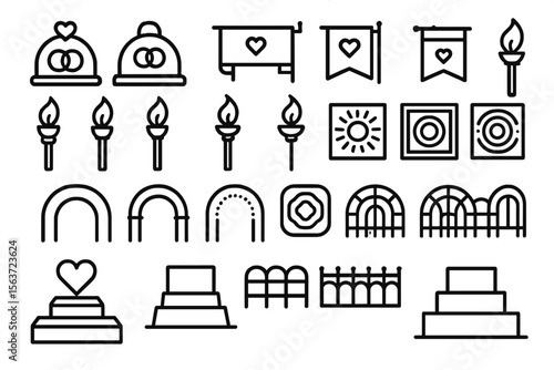 Icon set of ceremonial symbols featuring arches, torches, banners, and altar platforms