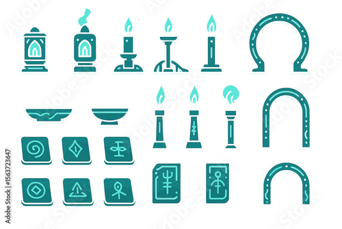 Glowing teal icon set of mystical candles, runes, and archways