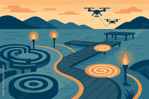 Sunset lakeside ritual with spiral paths, torches, and drones