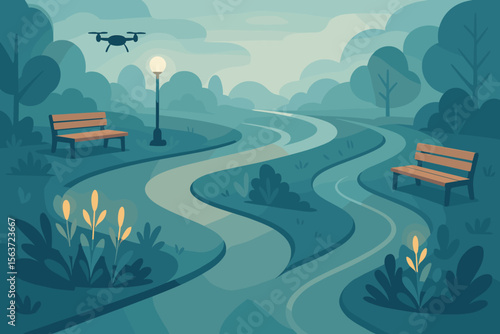 Peaceful park path at dusk with benches, glowing plants, and drone