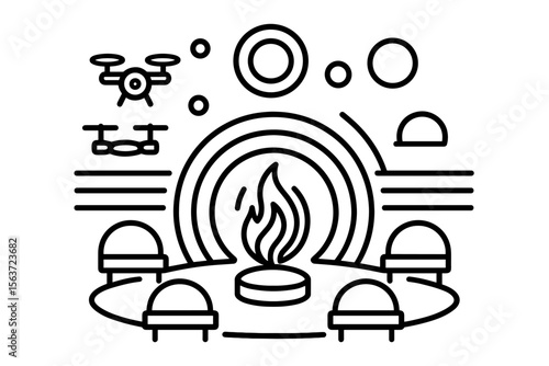 Line art of futuristic ritual circle with central flame and hovering drones