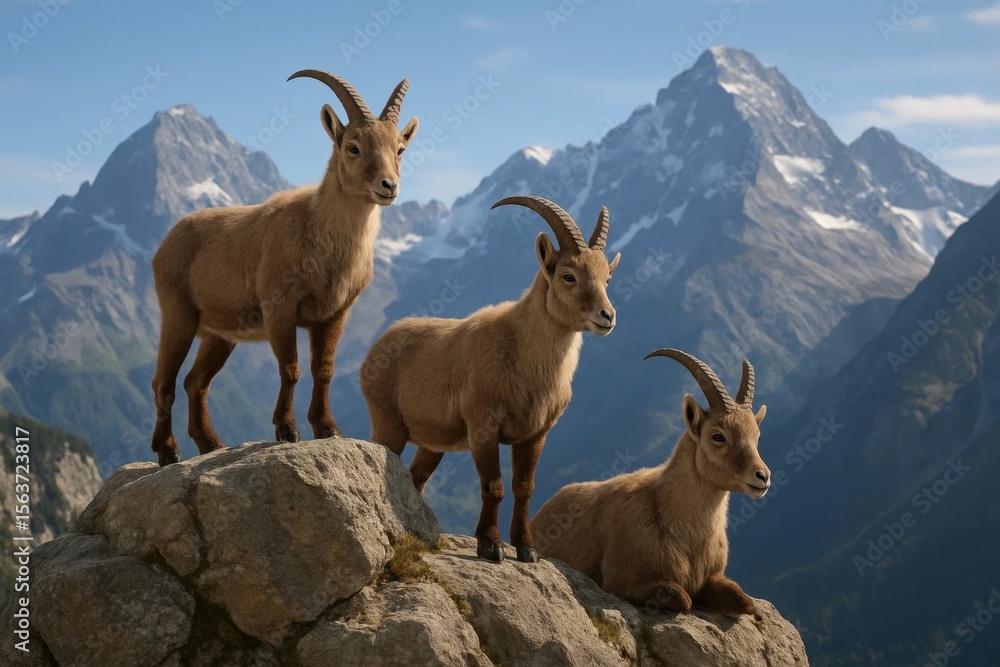 A group of goats standing on top of a mountain A group of goats standing on top of a mountain