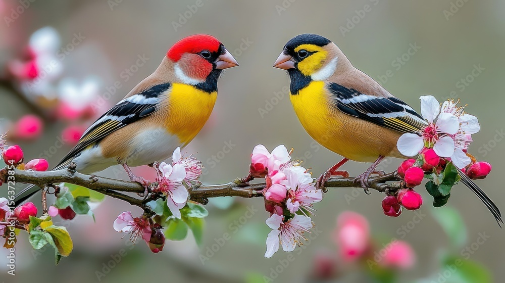 Obraz premium Two colorful birds perched on a blooming branch