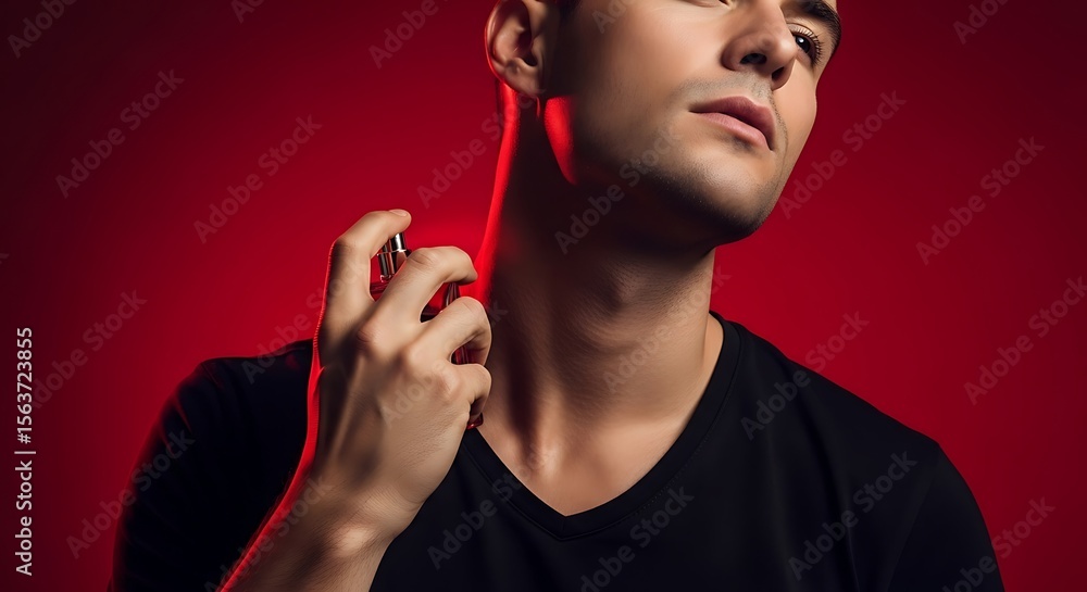 Obraz premium Young Man Applying Fragrance Perfume to Neck for Sophisticated Elegant Style Fashion Portrait Isolated on Red Background Studio Shot