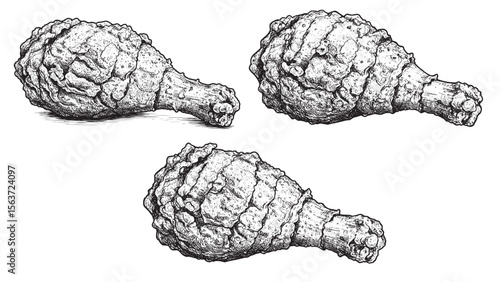 Engraved chicken drumstick with crispy texture in black and white vintage line illustration