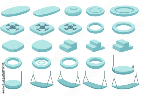 Futuristic blue 3D platforms, rings, and suspended seats in isometric view
