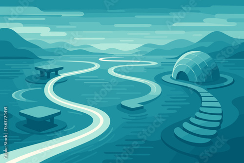 Surreal teal landscape with glowing paths and dome structure