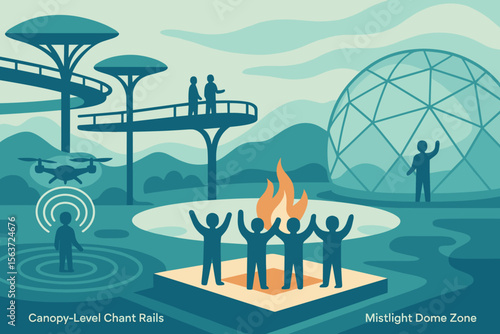 Futuristic outdoor scene with drone technology, fire gathering, and a mistlight dome in a stylized landscape.