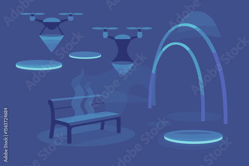 Futuristic landscape with hovering drones, glowing platforms, and a misty bench under an arching light structure.
