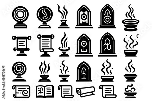 Set of mystical icons featuring scrolls, smoke, and arcane symbols in a black and white style.