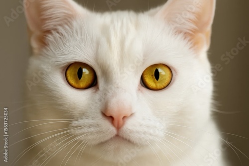 A close up of a white cat with yellow eyes