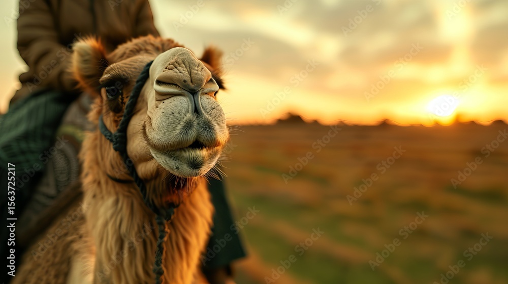 Obraz premium A serene close-up of a camel against a stunning sunset, showcasing its gentle demeanor and textured fur.