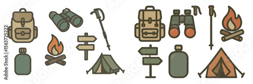 Icons representing camping essentials for outdoor adventures like hiking, backpacking, and exploring nature