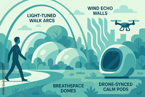 Futuristic park concept with labeled calm pods, domes, and walk arcs