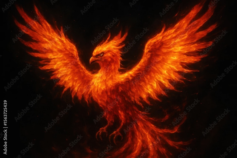Fototapeta premium A fire bird flying through the air with a black background