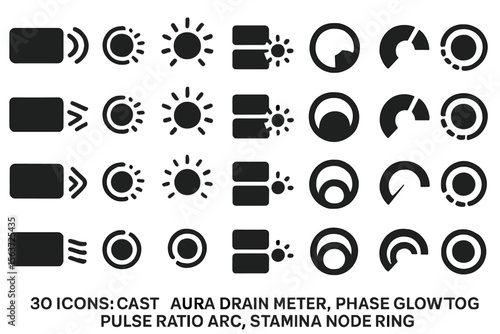 Set of 30 futuristic interface icons for cast, aura, glow, and stamina