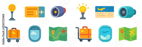 Colorful travel icons depicting various elements of air travel and adventure