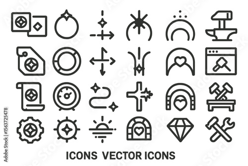 Dark fantasy UI icon set featuring symbols for gems, spells, tools, hearts, and magic crafting