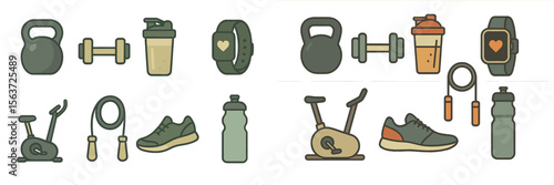 Collection of fitness icons featuring gym equipment, workout essentials, and healthy lifestyle elements for exercise enthusiasts
