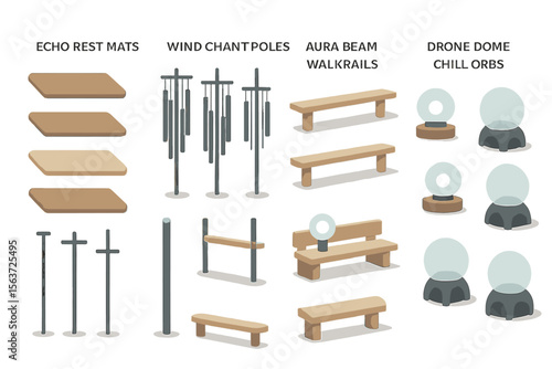 Set of illustrated ambient wellness assets featuring benches, mats, chill orbs, and chimes