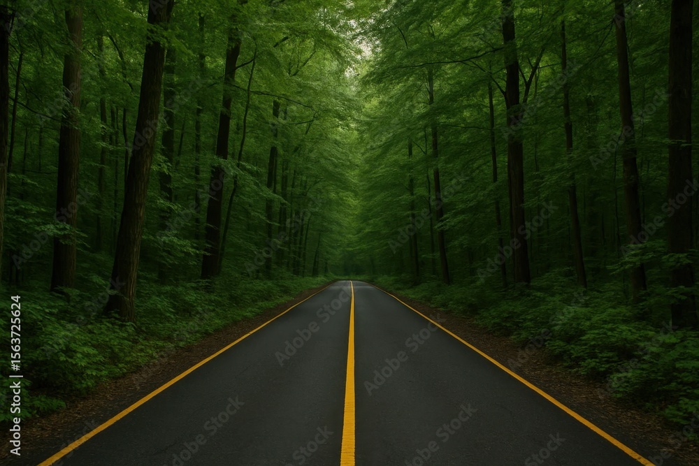 Obraz premium A long road in the middle of a lush green forest