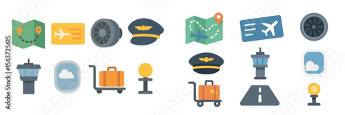 Icons representing air travel and aviation activities including navigation and airport elements