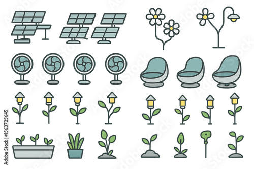 A set of eco-inspired designs featuring solar panels, daisy-shaped lights, fans, modern pod seats, street lamps, and plant pots, all with a green, sustainable living theme.