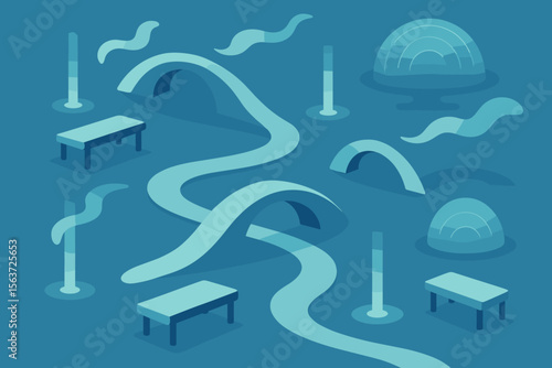 A tranquil, abstract scene with floating benches, curved bridges, and mysterious glowing domes set against a soft blue background, evoking a dreamy and futuristic landscape.