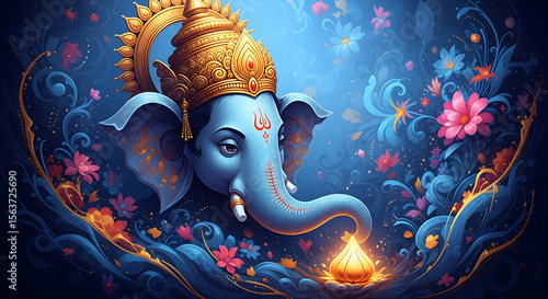 Serene Ganesha: Blue Hindu God, Floral Mandala Art