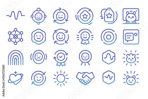 Glowing blue icon set with emotional feedback, wellness badges, and companion avatars