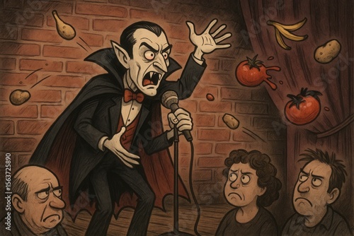 A cartoon of a man in a tuxedo singing into a microphone in front of a group of people